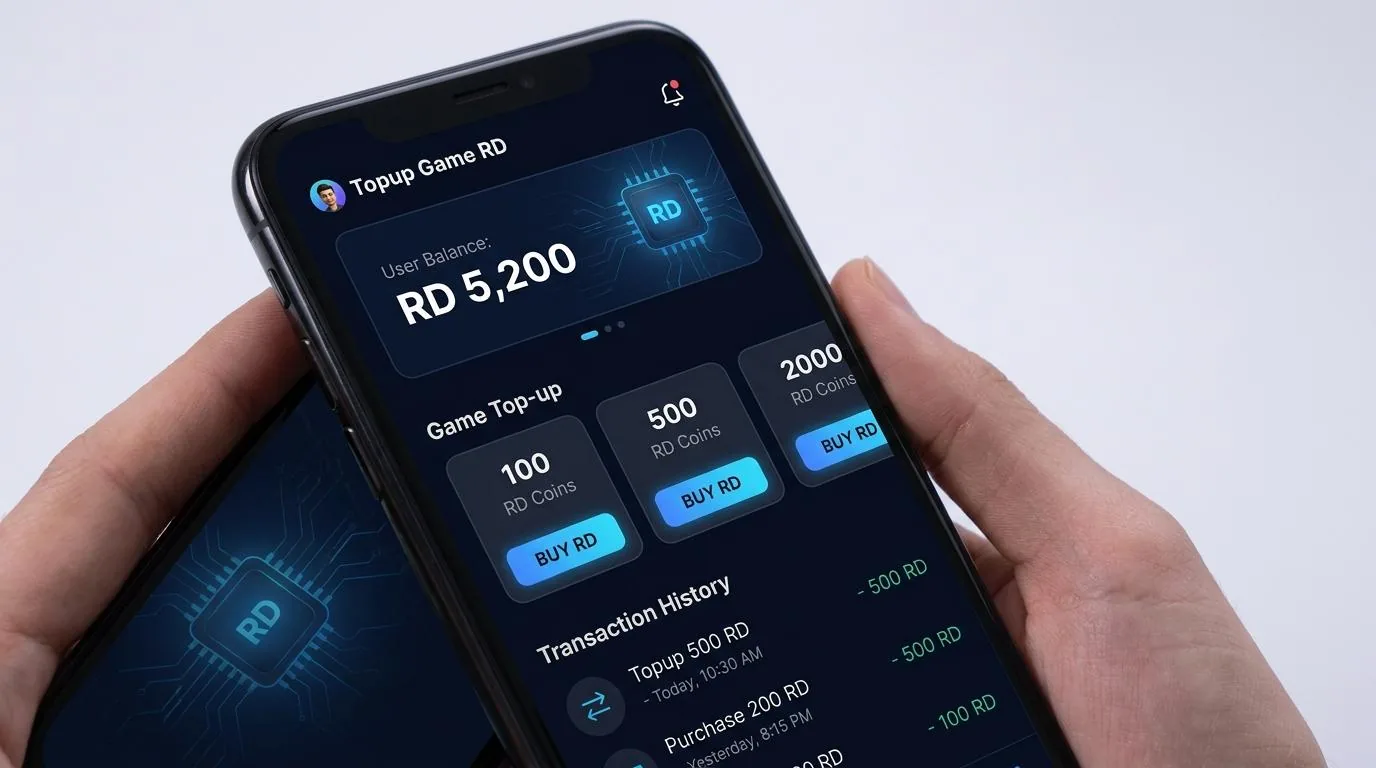 Screenshot topup game RD di Royalcasino — chip & koin emas